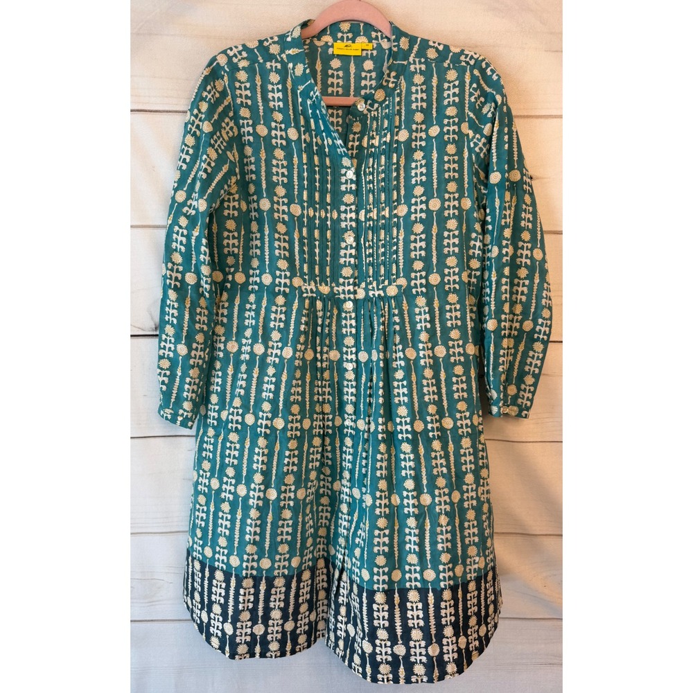 Roberta Roller Rabbit Teal Block Print Cotton Pintuck Tunic Dress Womens XS